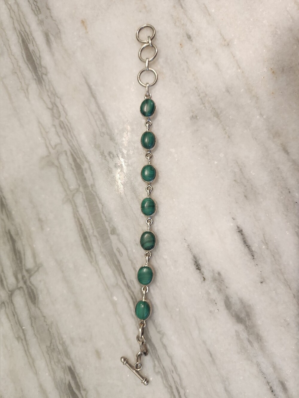Green Malachite Oval Stone Silver Link Bracelet, 925 Sterling, Adjustable - Picture 2 of 5